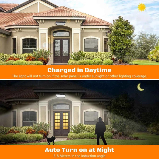 Solar outdoor security lights installed above front door of house showing daytime charging and nighttime auto turn on with motion detection