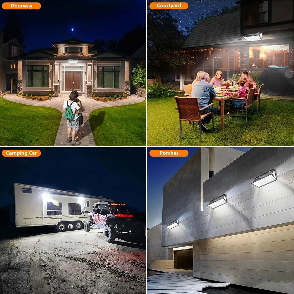 Solar outdoor security lights illuminating doorway courtyard camping car and porches at night
