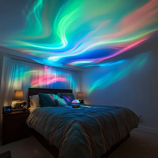 LED projection night light creating colorful aurora effects on bedroom ceiling above bed