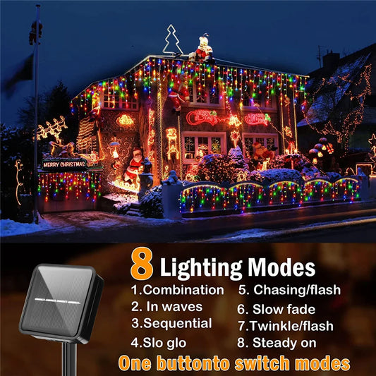 LED solar string lights for garden illuminating house with colorful holiday decorations and multiple lighting modes
