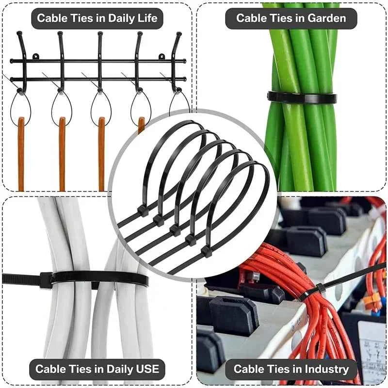 Black nylon cable ties bulk used for organizing cables, garden plants, daily use, and industrial wiring