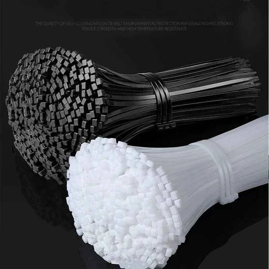 Bulk pack of black and white nylon cable ties bulk bundles secured with bands