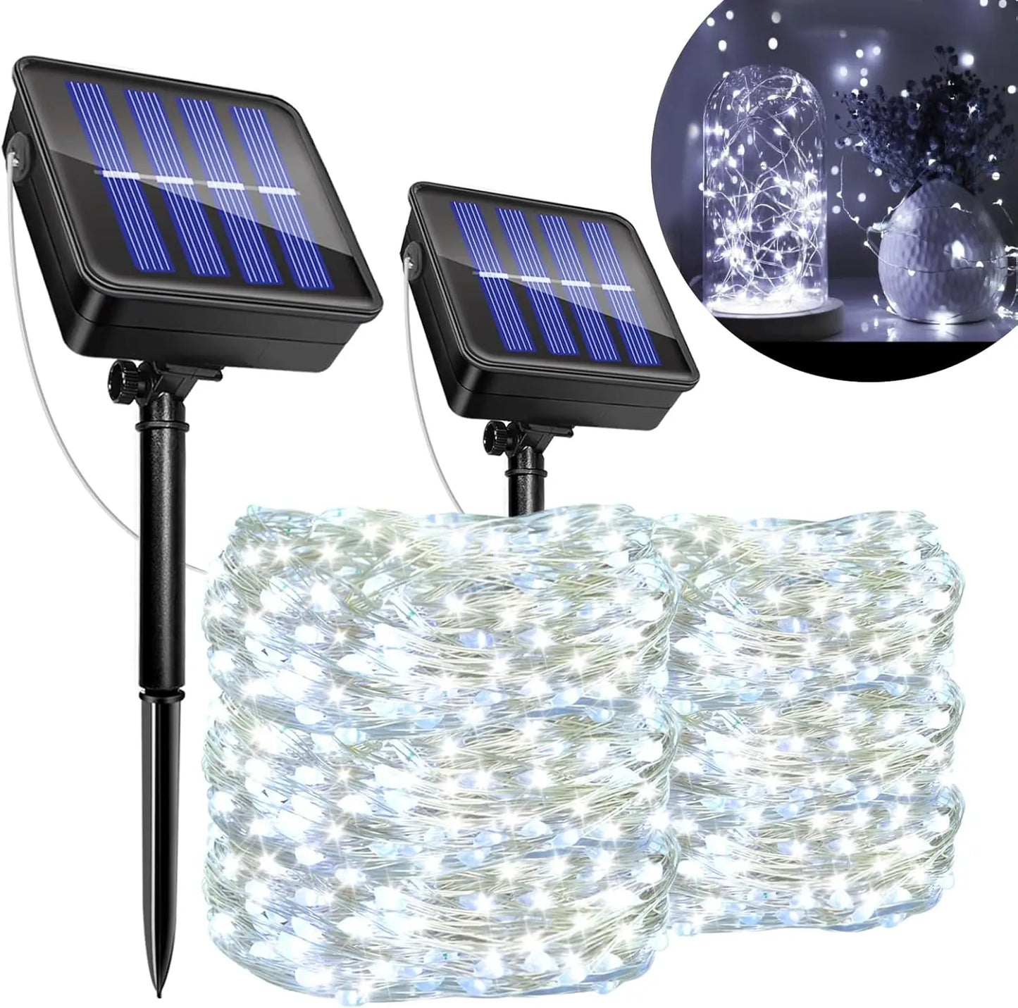 DFShop outdoor solar fairy lights with dual solar panels and bright white LED string lights for garden decoration