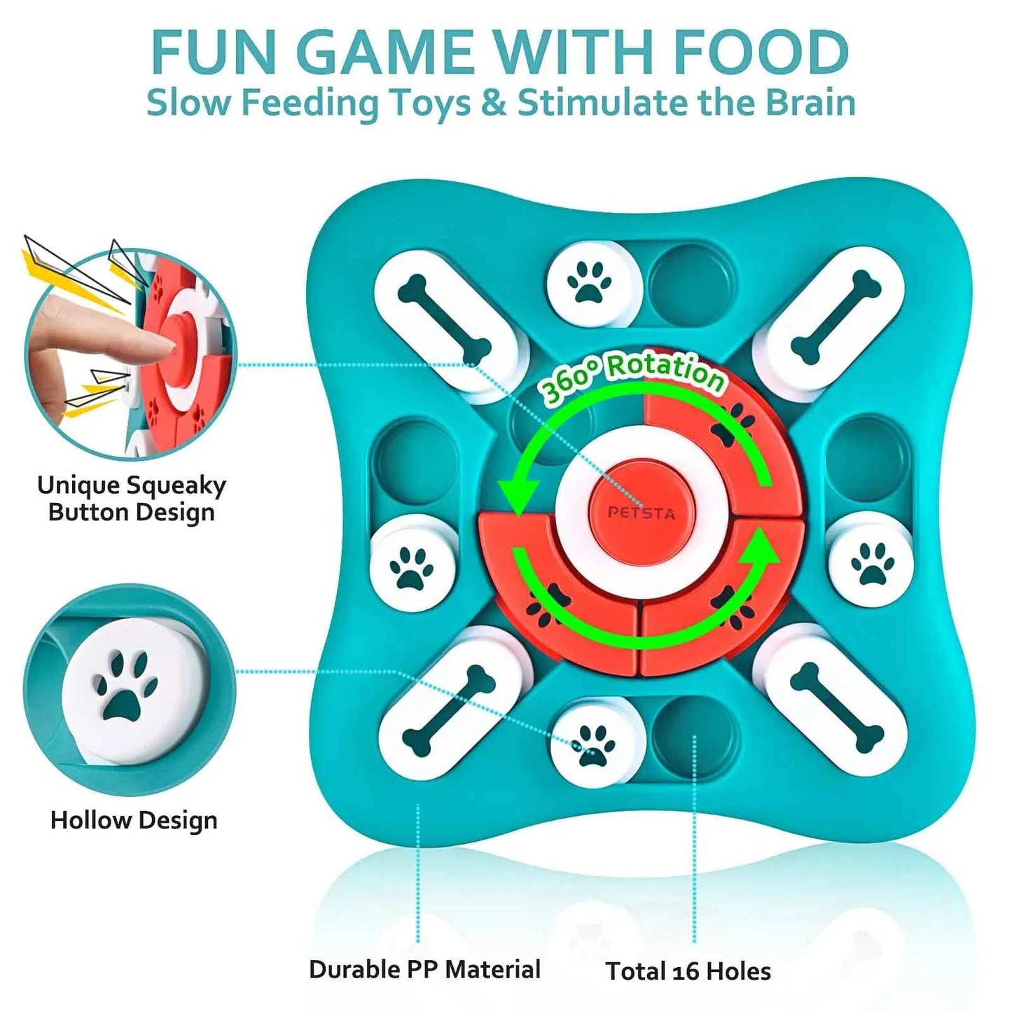 DFShop interactive dog puzzle toy with 360-degree rotation, squeaky buttons, and 16 holes for slow feeding