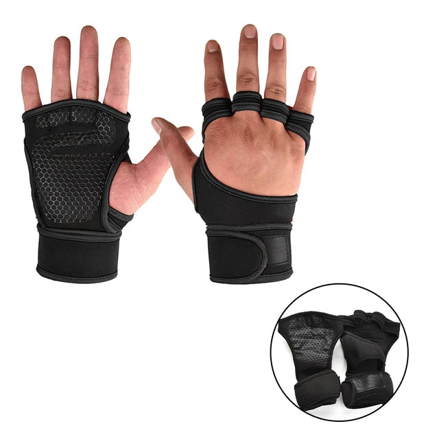 Black weightlifting gym gloves with wrist support and breathable mesh design by DFShop