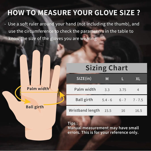 Weightlifting gym gloves sizing chart showing how to measure palm width and ball girth for proper glove fit