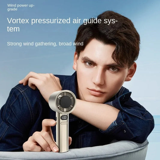 DFShop portable bladeless hand fan with vortex pressurized air system held by young man