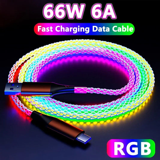 RGB USB C fast charging cable with 66W 6A capacity and colorful glowing lights