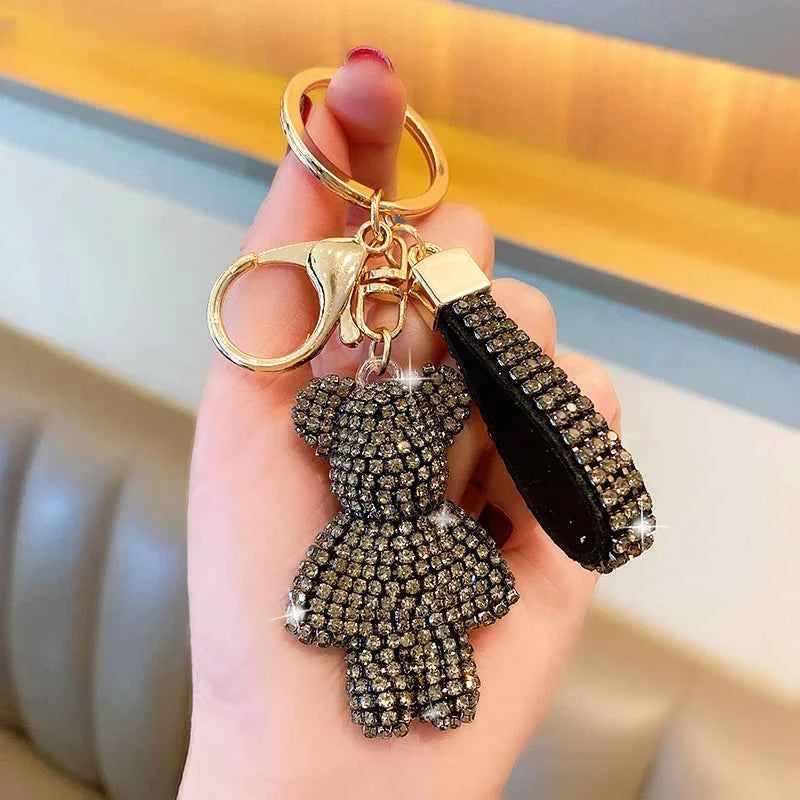 DFShop rhinestone bear keychain with sparkling black stones and attached decorative strap