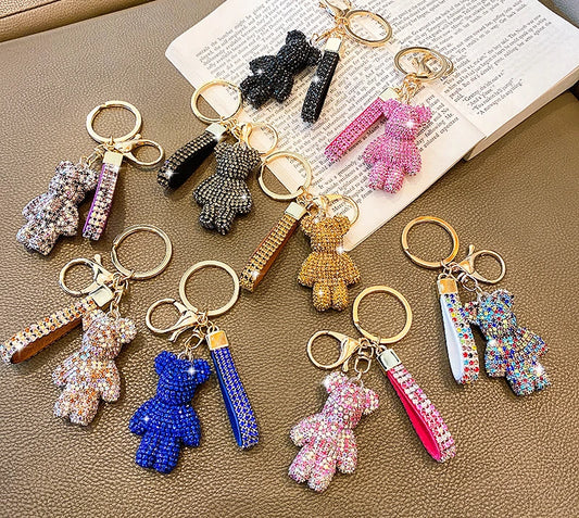 DFShop rhinestone bear keychain collection in various colors with matching strap and gold key rings