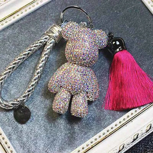 DFShop rhinestone bear keychain with braided strap and pink tassel accessory