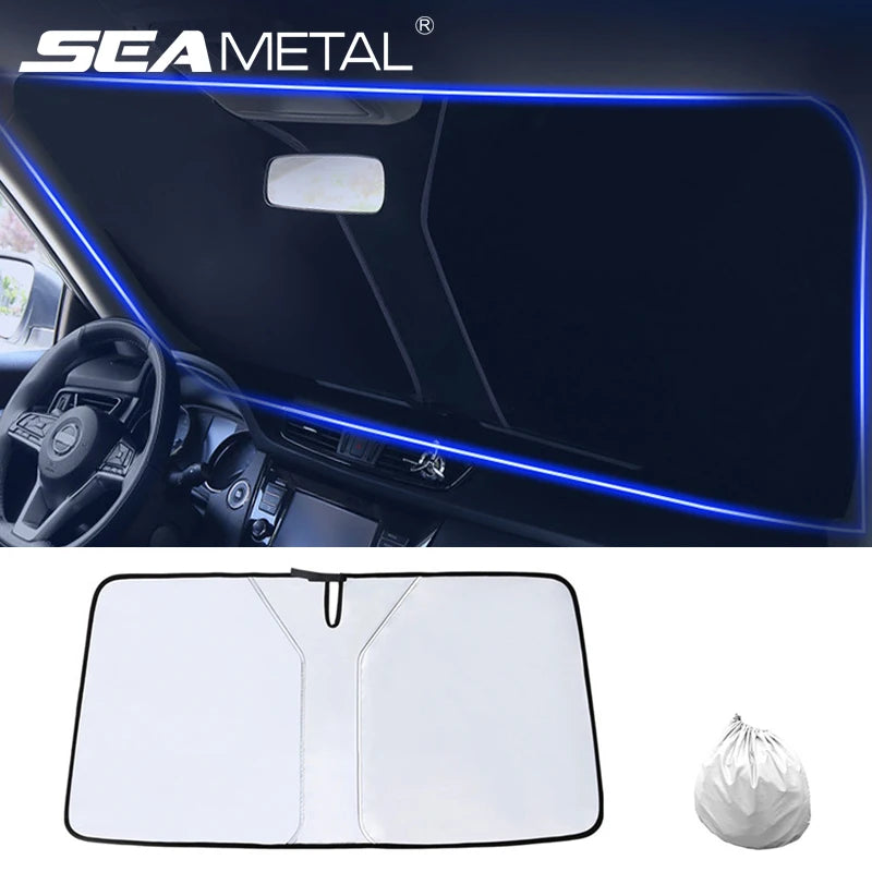 SEA Metal car windshield sun shade cover installed inside car and folded with carrying bag
