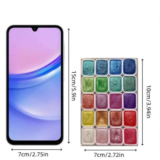 DFShop shifting watercolor painting set with 24 vibrant color pans beside a smartphone for size comparison