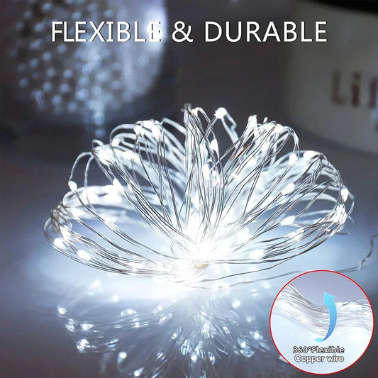 Flexible and durable solar fairy string lights outdoor with 360 degree flexible copper wire glowing white