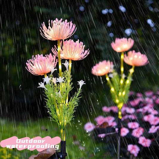 DFShop solar flower garden lights with pink glowing petals and waterproof design in outdoor rain