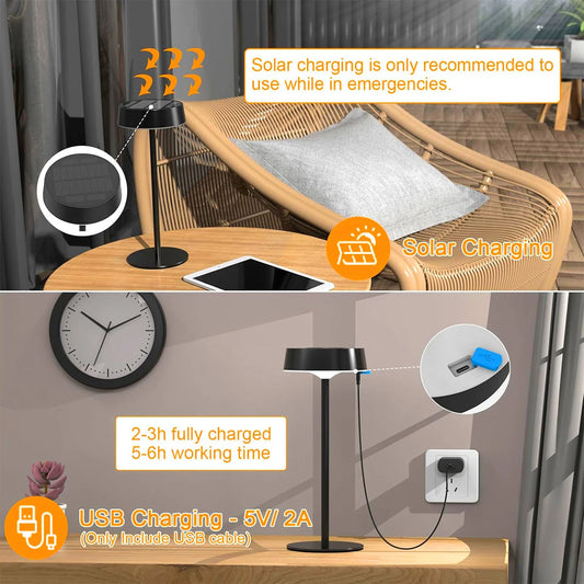 Solar table lamp rechargeable shown on wooden table with USB and solar charging options