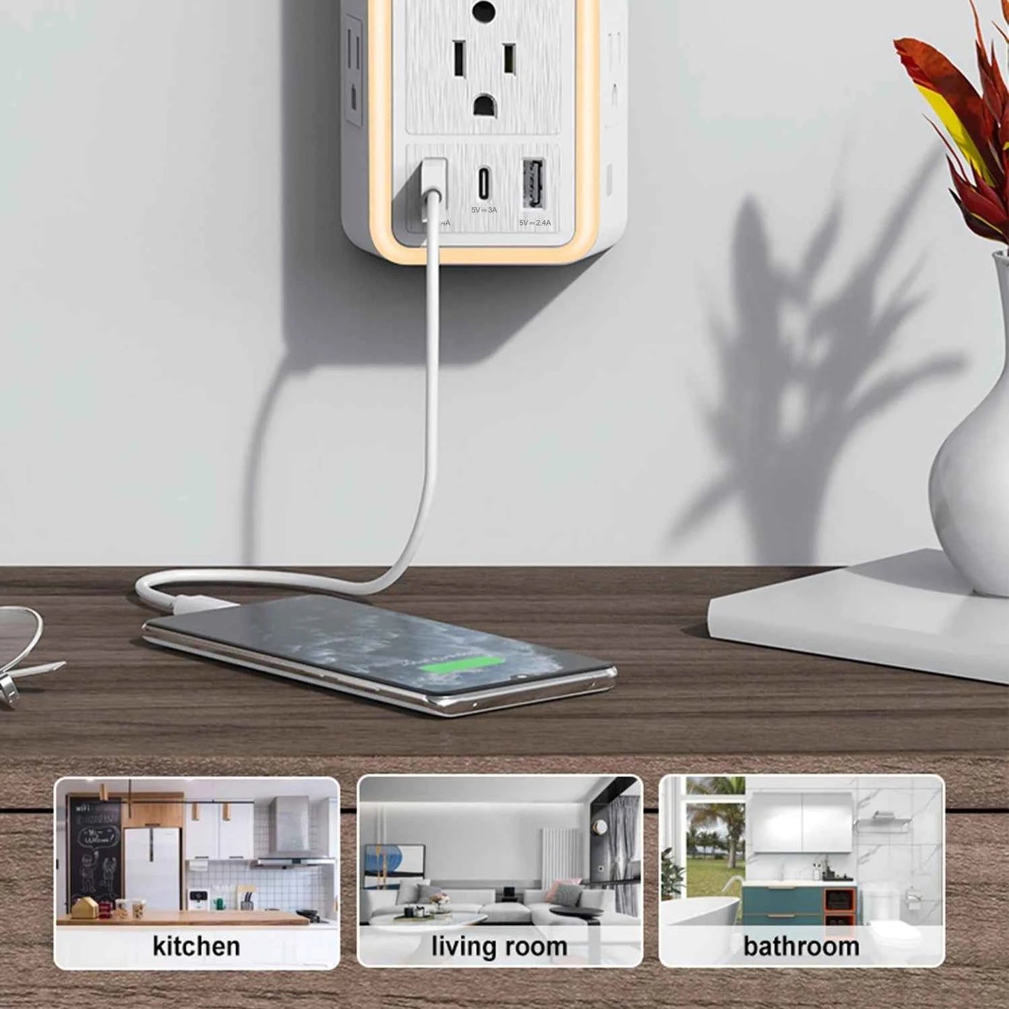 DFShop surge protector outlet hub mounted on wall charging smartphone with multiple outlets for kitchen living room bathroom