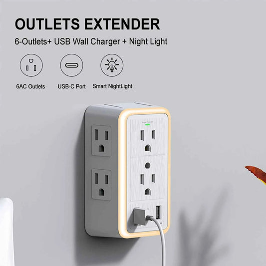 DFShop surge protector outlet hub with 6 AC outlets USB-C port and smart night light mounted on wall