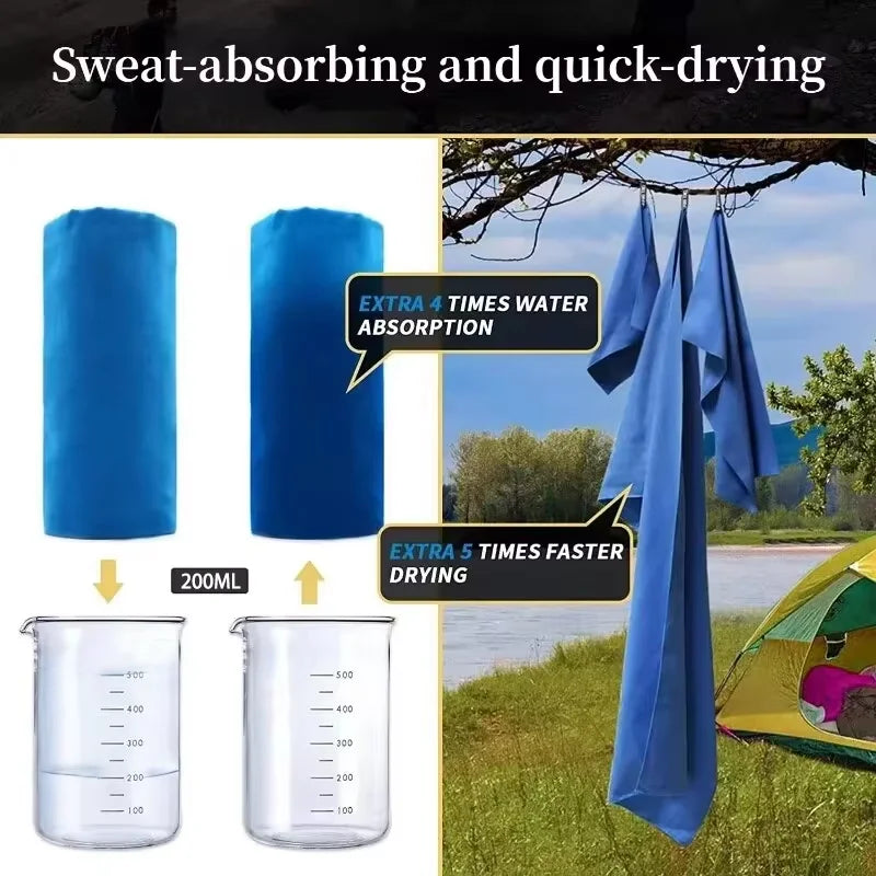 Quick drying sports towel by DFShop in blue showing sweat absorption and fast drying outside near a tent