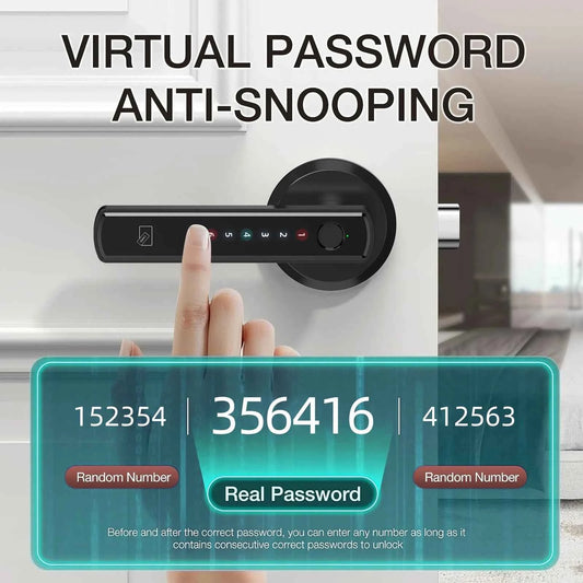 DFShop smart fingerprint door lock with virtual password and anti-snooping security feature on white door