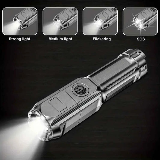 USB rechargeable tactical flashlight by DFShop with strong light medium light flickering and SOS modes