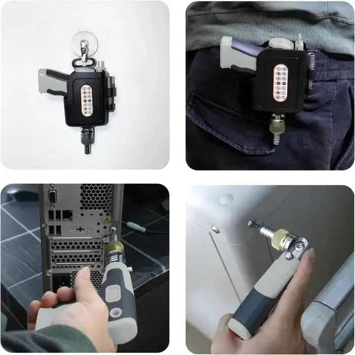 DFShop 16 in 1 multi tool screwdriver with compact storage case shown in use and clipped to belt