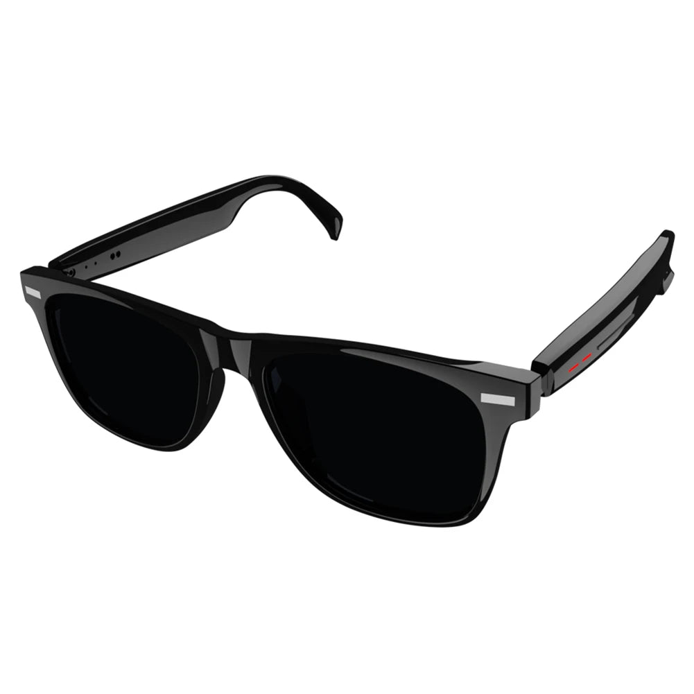 Black AI smart glasses with speakers featuring sleek frame and dark tinted lenses