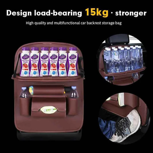 Brown car back seat organizer with storage compartments holding bottles and snacks, durable design