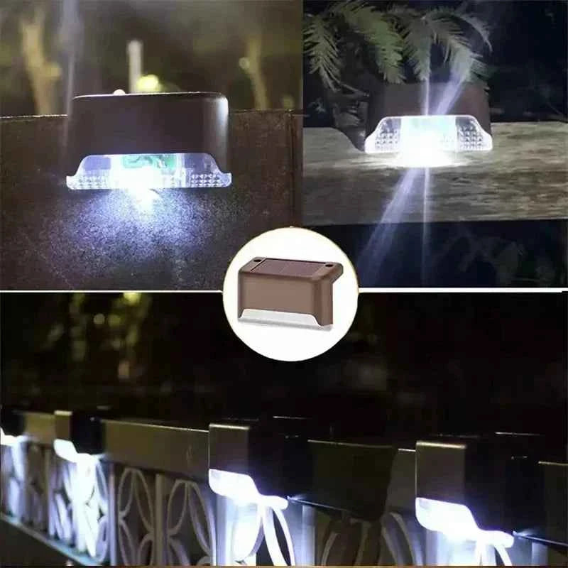 DFShop cordless solar wall lights mounted on fences with bright white LED illumination at night