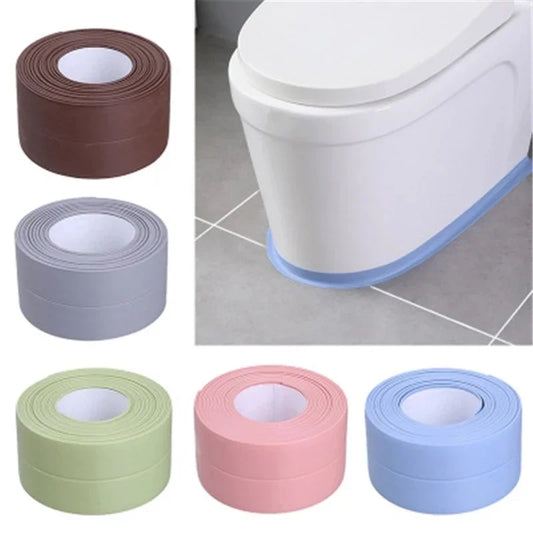 Waterproof wall seal strip rolls in brown gray green pink and blue with blue strip applied around toilet base