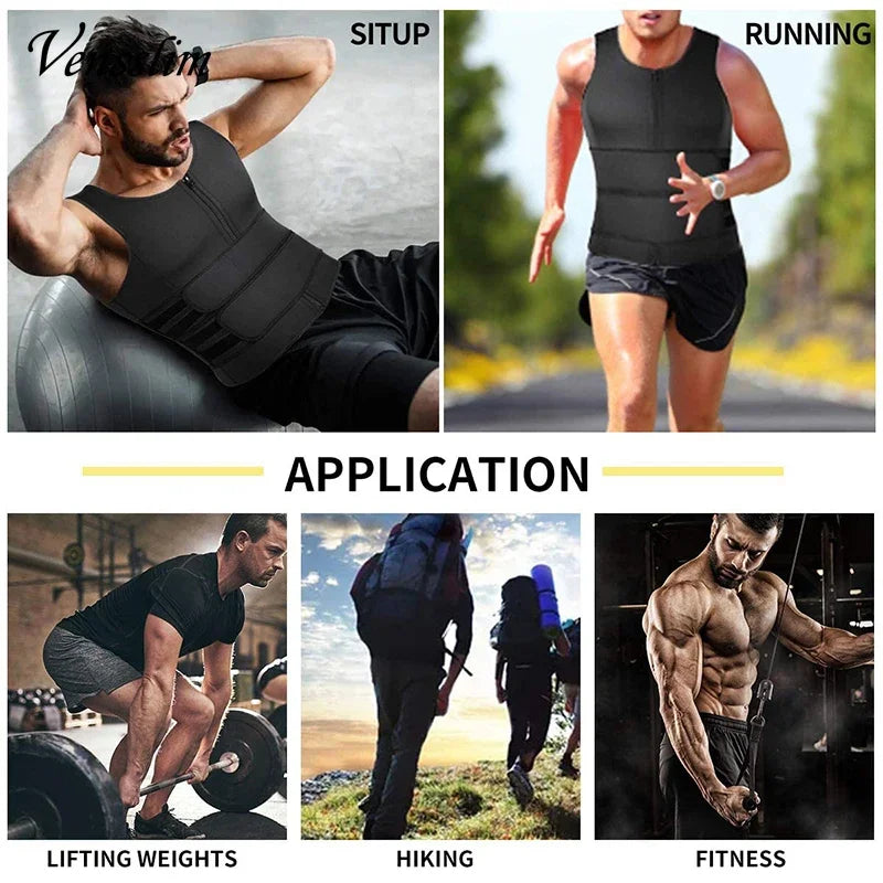 Men wearing men's slimming waist trainer vest during situps running lifting weights hiking and fitness workouts