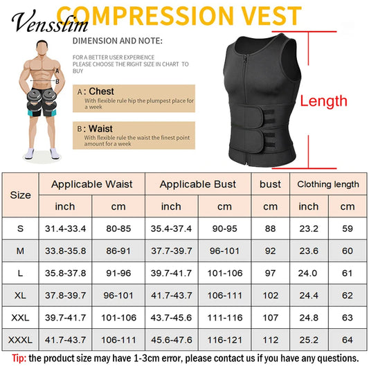 Men's slimming waist trainer vest in black with adjustable compression straps and size chart