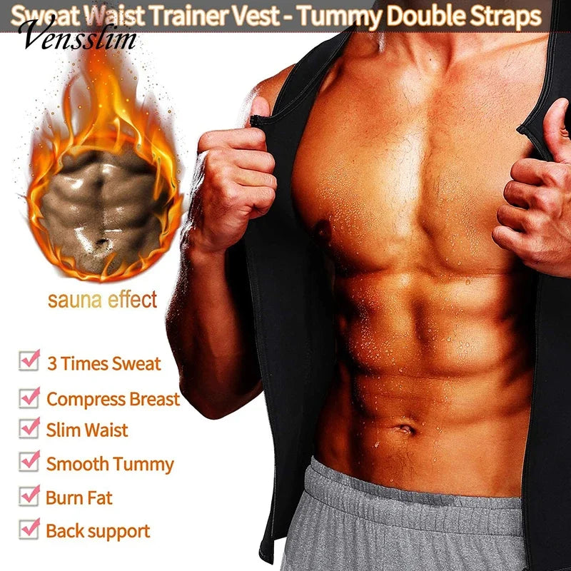 Men's slimming waist trainer vest showing muscular torso with sweat and sauna effect for fat burn and slim waist