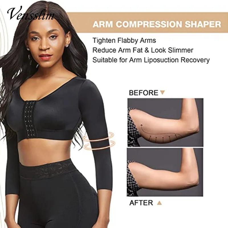 Women's arm shaper long sleeves in black for arm compression and slimming with before and after results