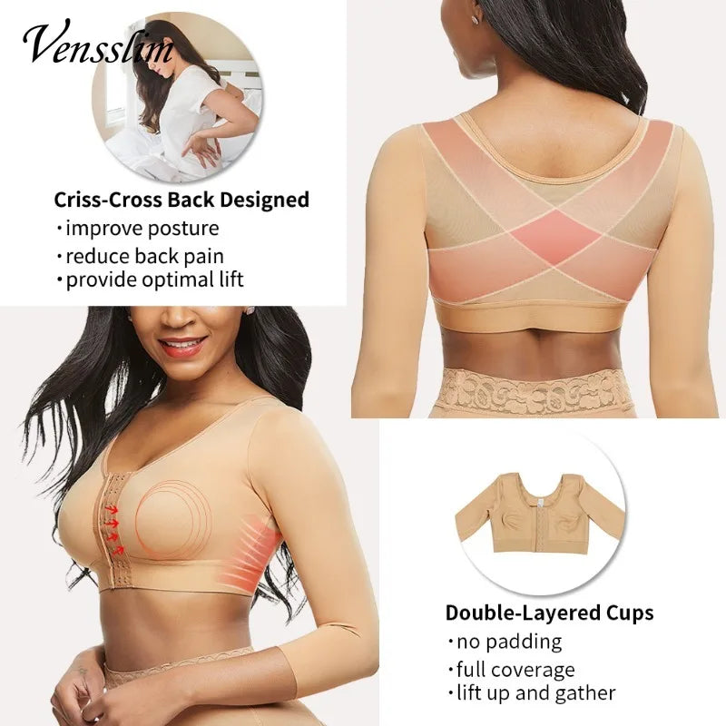 Women's arm shaper long sleeves in beige with criss-cross back design and double-layered cups for posture and support