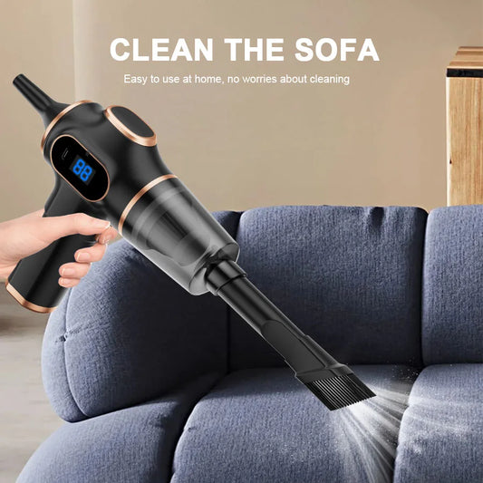 DFShop wireless car vacuum cleaner being used to clean dust from a blue sofa at home