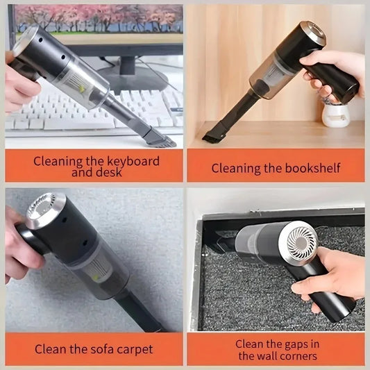Wireless car vacuum cleaner being used to clean keyboard, bookshelf, sofa carpet, and wall corners