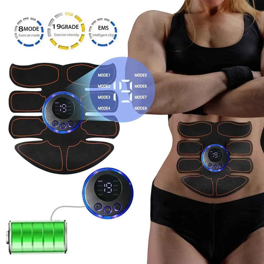Wireless EMS muscle stimulator with 8 exercise modes and 19 intensity levels for abdominal toning