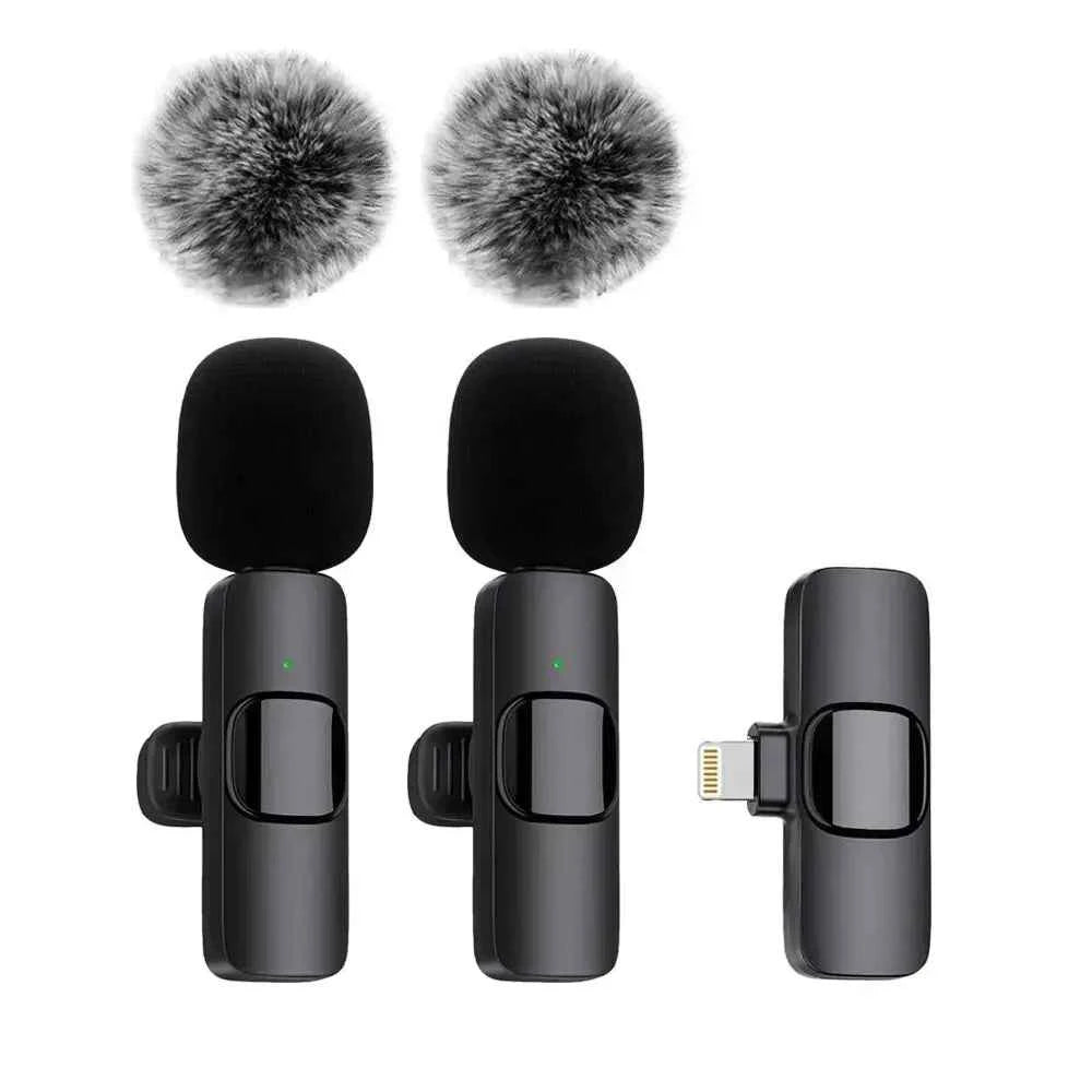 DFShop wireless mic mount set with two black microphones, furry windshields, and a compact receiver