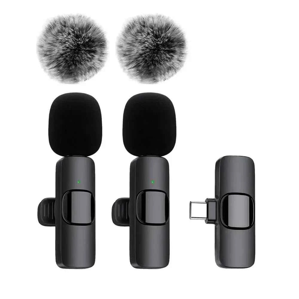 DFShop wireless mic mount set with two black microphones, windshields, and USB-C receiver