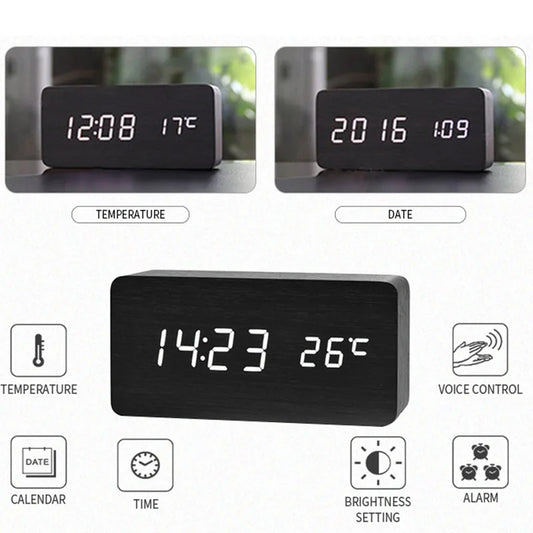 Black wooden digital alarm clock displaying time, temperature, date with voice control and brightness settings