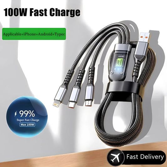 3 in 1 fast charging cable with USB and three connectors for iPhone Android and Type C devices
