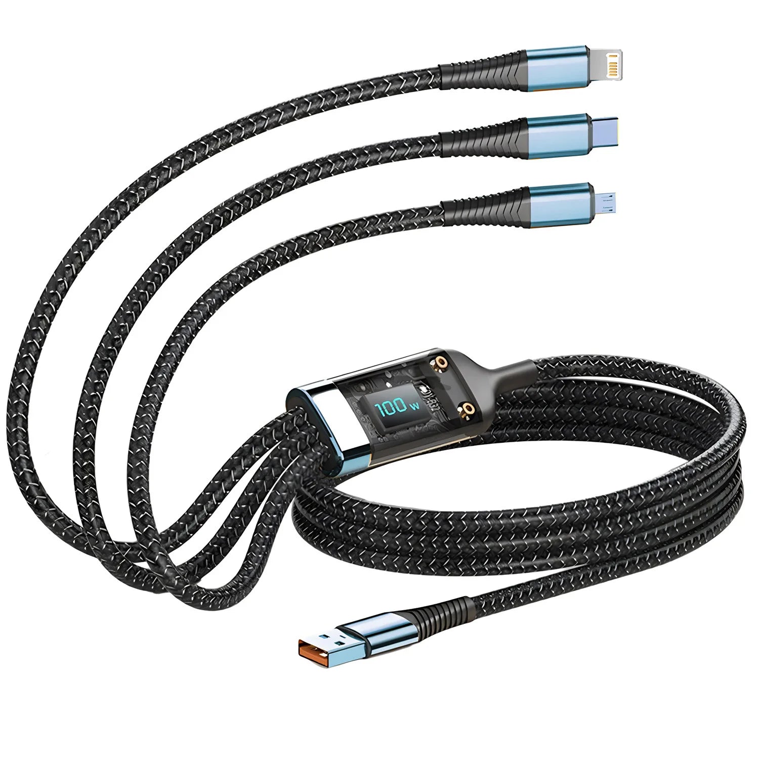 DFShop 3 in 1 fast charging cable with braided design and digital power display