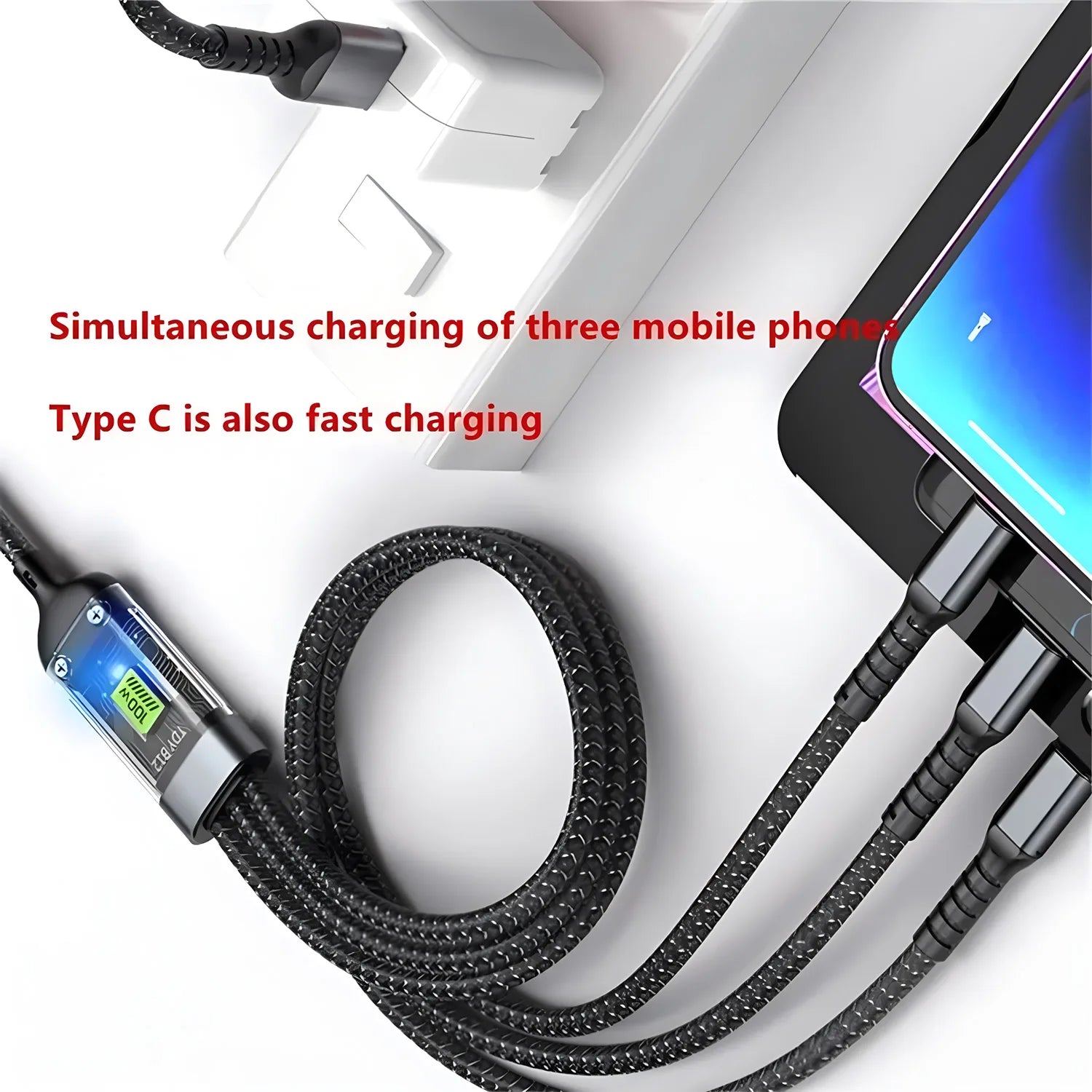 DFShop 3 in 1 fast charging cable charging three mobile phones simultaneously with braided design
