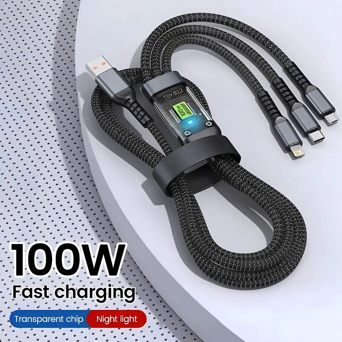 DFShop 3 in 1 fast charging cable with 100W power, transparent chip, and night light features
