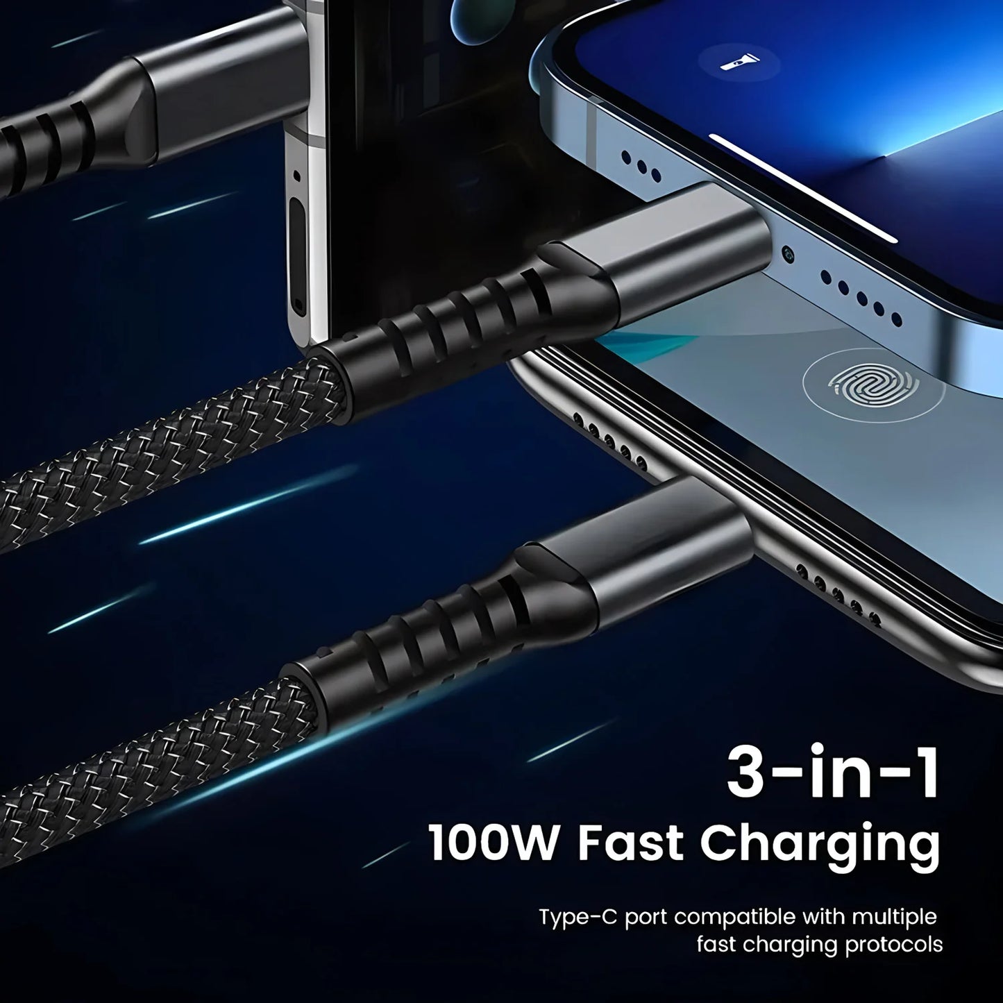 DFShop 3 in 1 fast charging cable with braided design and Type-C connectors for multiple devices