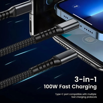 DFShop 3 in 1 fast charging cable with braided design and Type-C connectors for multiple devices