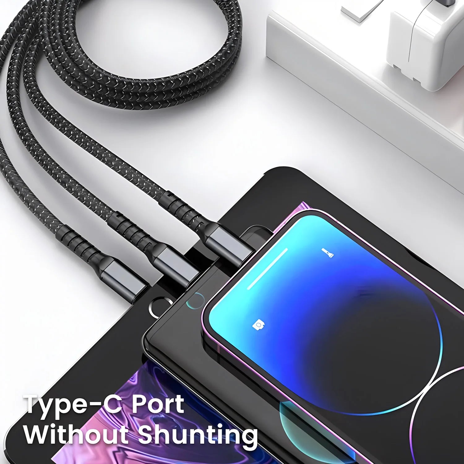 DFShop 3 in 1 fast charging cable with Type-C port charging multiple smartphones simultaneously