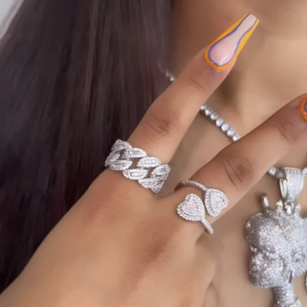 Cuban Link Rings Iced Out Baguettes Ring Zircon Silver Color Ring Jewelry