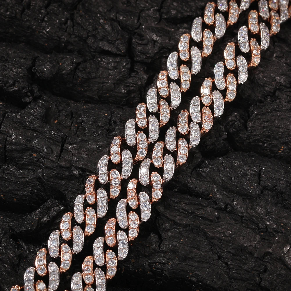 Bracelet 9mm Iced Out Rose Gold Silver Color Cuban Link With White & Pink Cubic Zirconia Jewelry